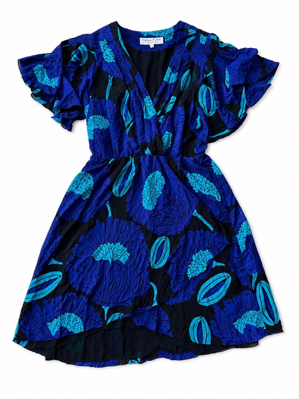 Trina Turk Silk Floral Wrap Dress Size 4 Blue Black Made in USA